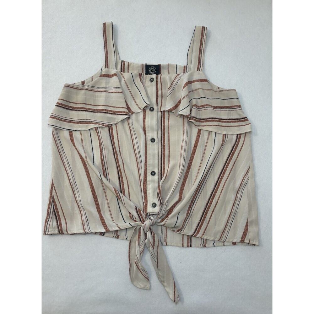 Bobeau Striped Tie Front Tank Top Medium Boho Ruffle Button Down Sleeveless